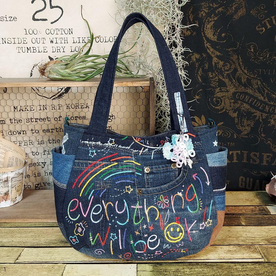 刺繍デニムバック　No.662　デニムリメイク　刺繍バック　サイドポケット