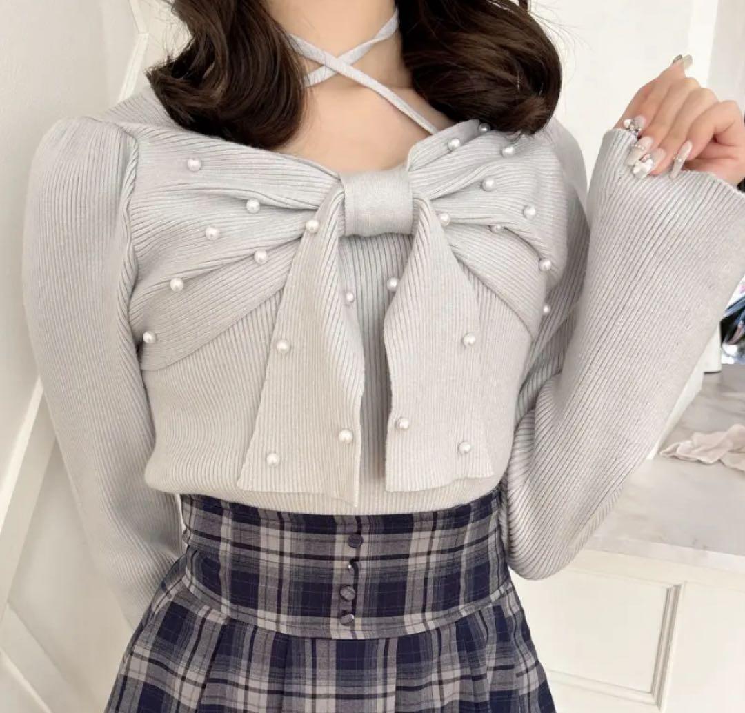 evelyn エブリン リボンクロスニット アイスグレイ グレー ブルー