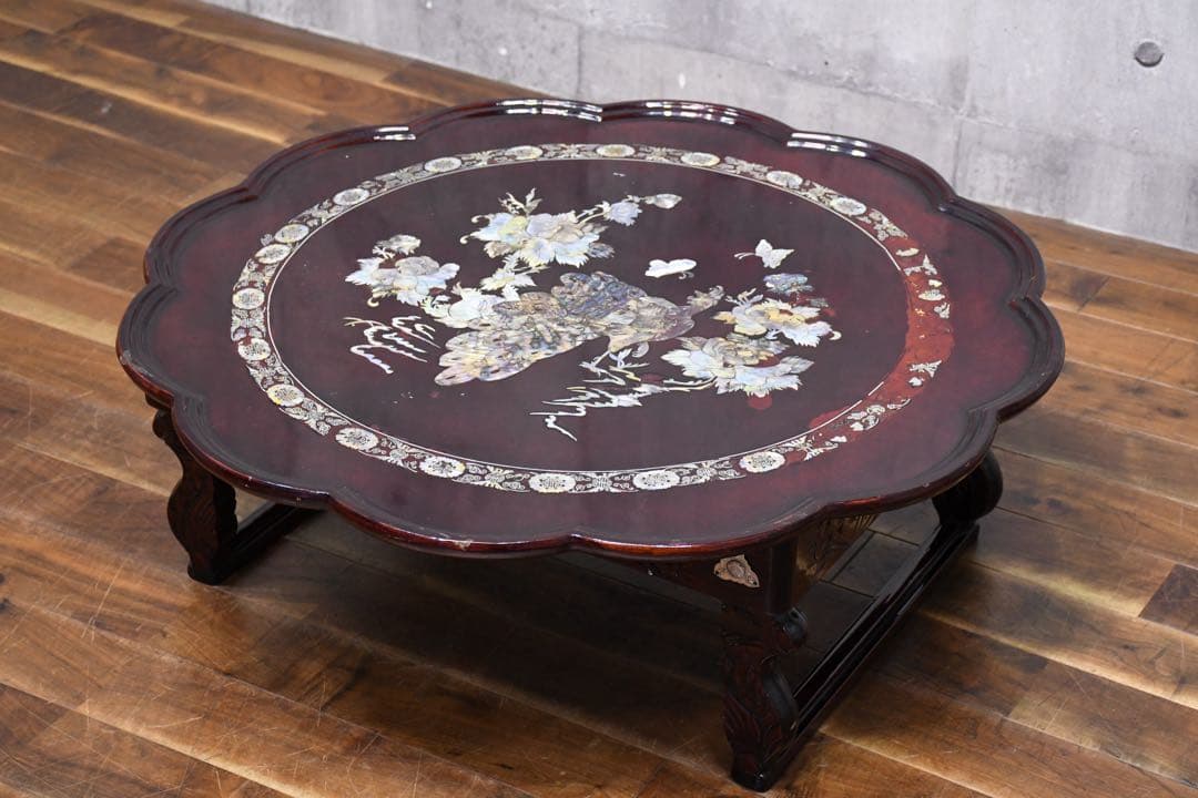 EFK24 螺鈿細工 韓国漆塗り 丸角座卓 ちゃぶ台 折れ脚 折り畳み 丸角お膳