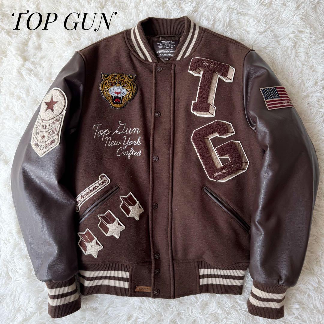 TOP GUN スタジャン TYPE MA1 ブラウン ワッペン 総柄 L相当