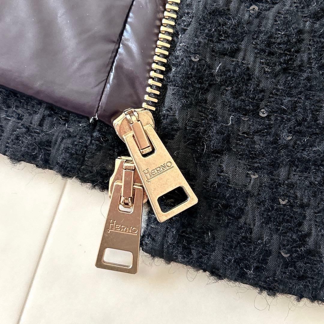 美品 ヘルノ HERNO ウール アルパカ混 ダウンコート ジャガード ブラック
