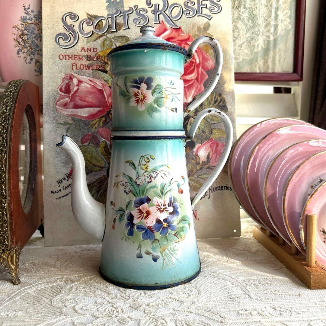 フランスアンティーク　japy スズランとビオラのコーヒーポット