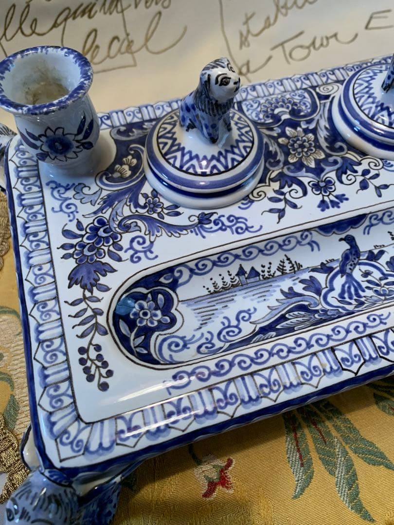 フランス製　破格！ビンテージのルーアン窯のローソク立て付きインク壺プレート！