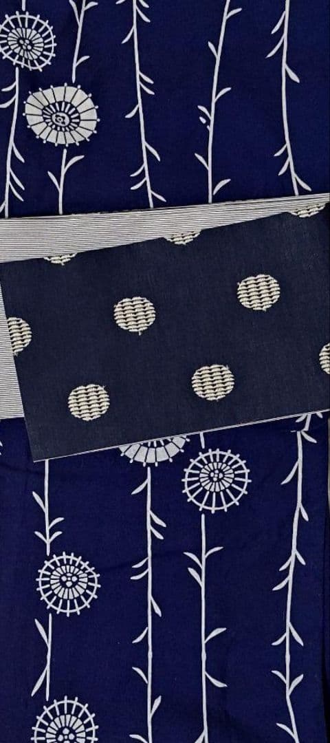 半幅帯紺色ドット柄刺繍ストライプ柄水玉模様リバーシブル着物浴衣帯ネイビーホワイト