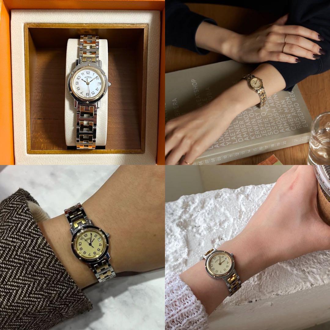 腕時計 エルメス クリッパー ナクレ 時計 シェル文字盤 ゴールド コンビ レア