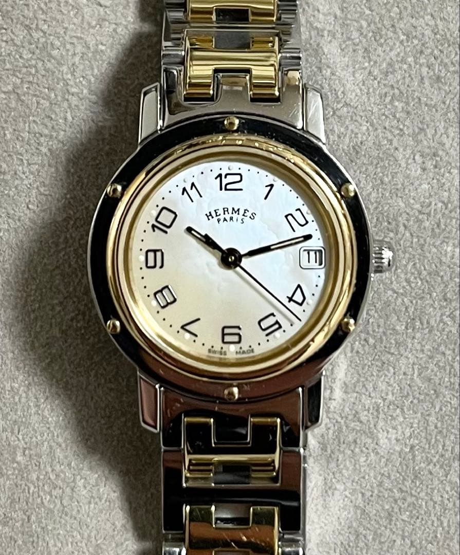 腕時計 エルメス クリッパー ナクレ 時計 シェル文字盤 ゴールド コンビ レア