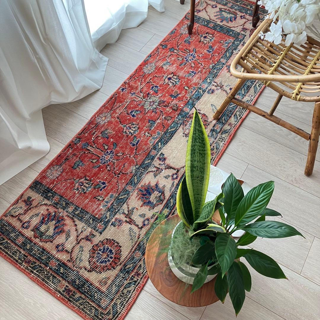 レッド53×163フローラル　ネイビー　ランナー　ロング　トルコヴィンテージラグ