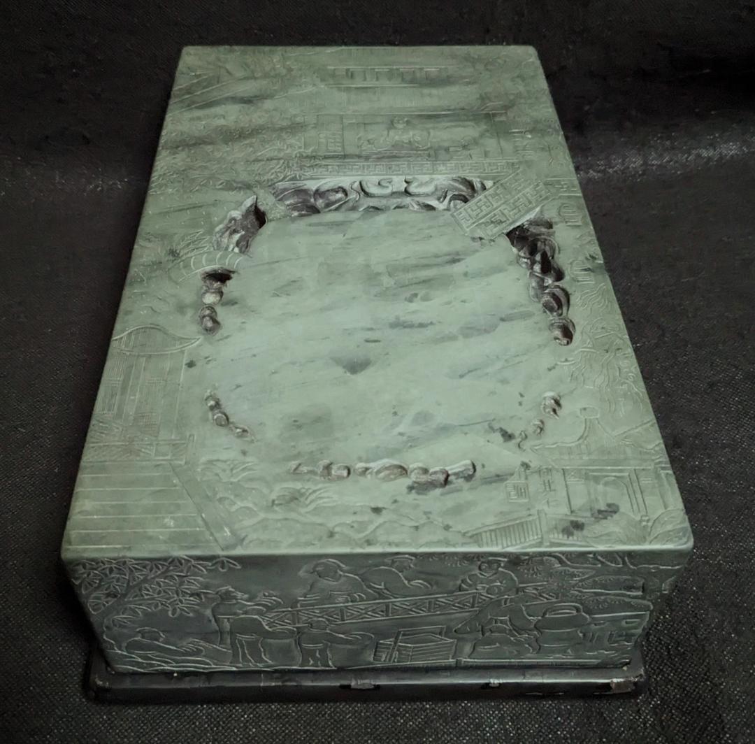 【蘭亭硯】◆五台山緑石の特大加厚硯◆群微点状波紋の潤緑美石◆唐木天地蓋◆王羲之