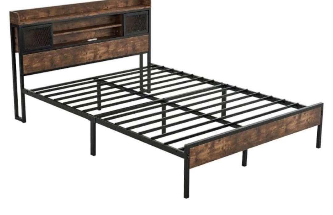 ダブルベッド フレーム 宮付き コンセント付き 木製 パイプベッド スチール製