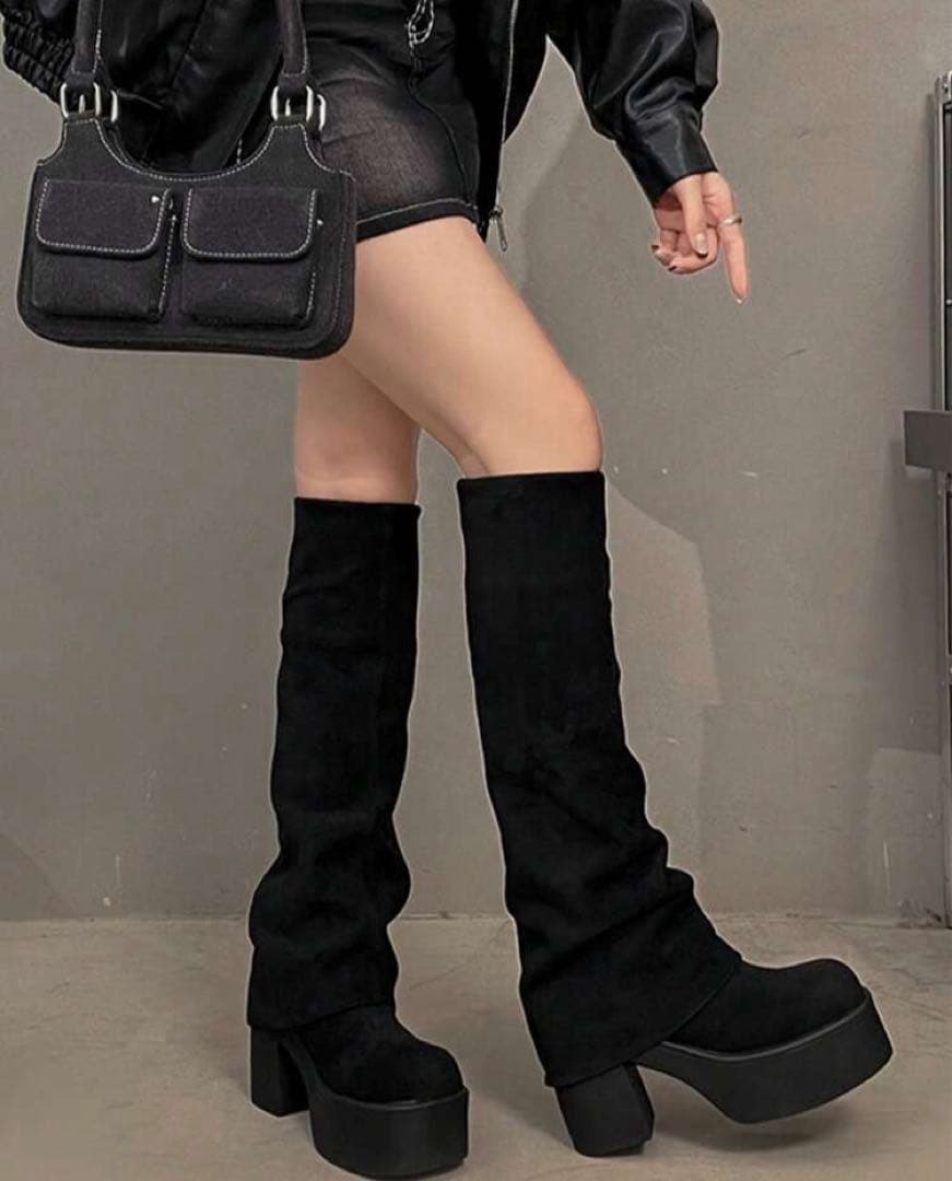 EMODA風 フレアーカバーフィットブーツ 厚底 ブラック
