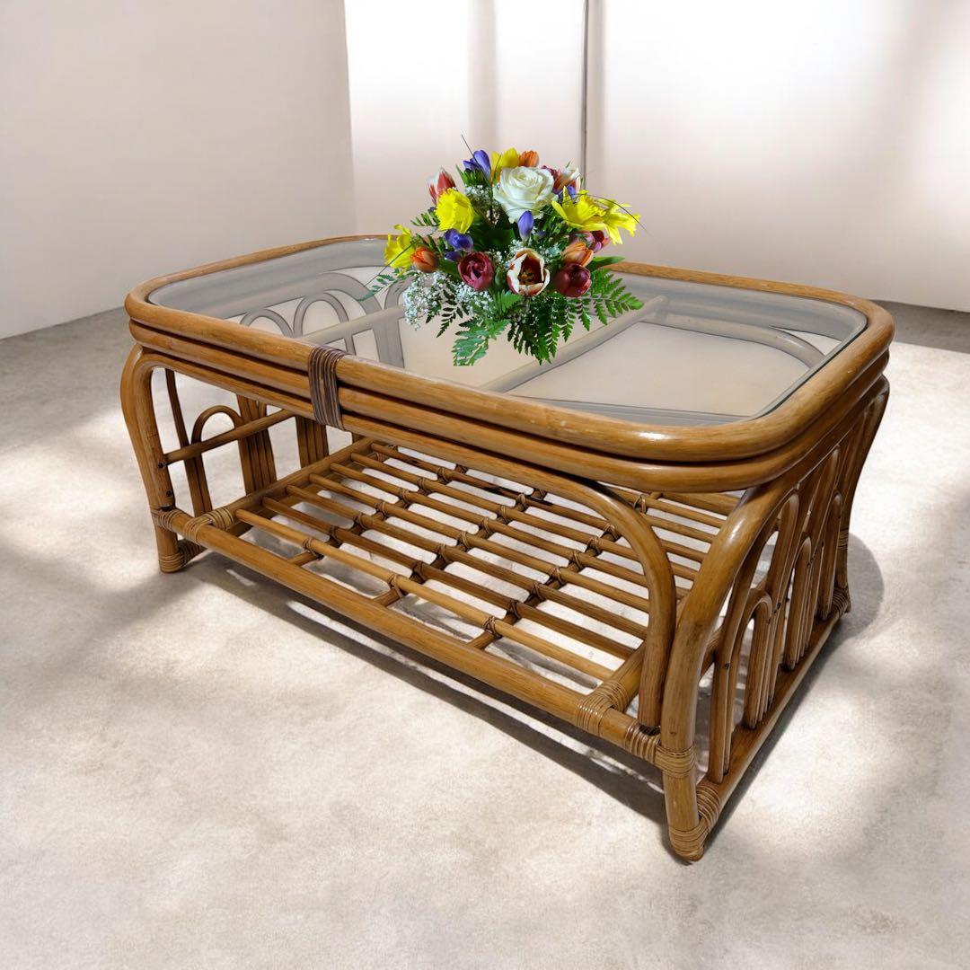 美品 ヴィンテージ ラタンテーブル 籐 コーヒーテーブル センターテーブル 棚付