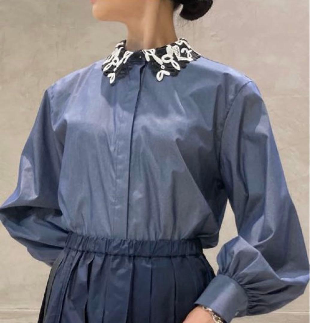 【美品】ユナイテッドアローズ　レースカラー2WAYブラウス　コバルト