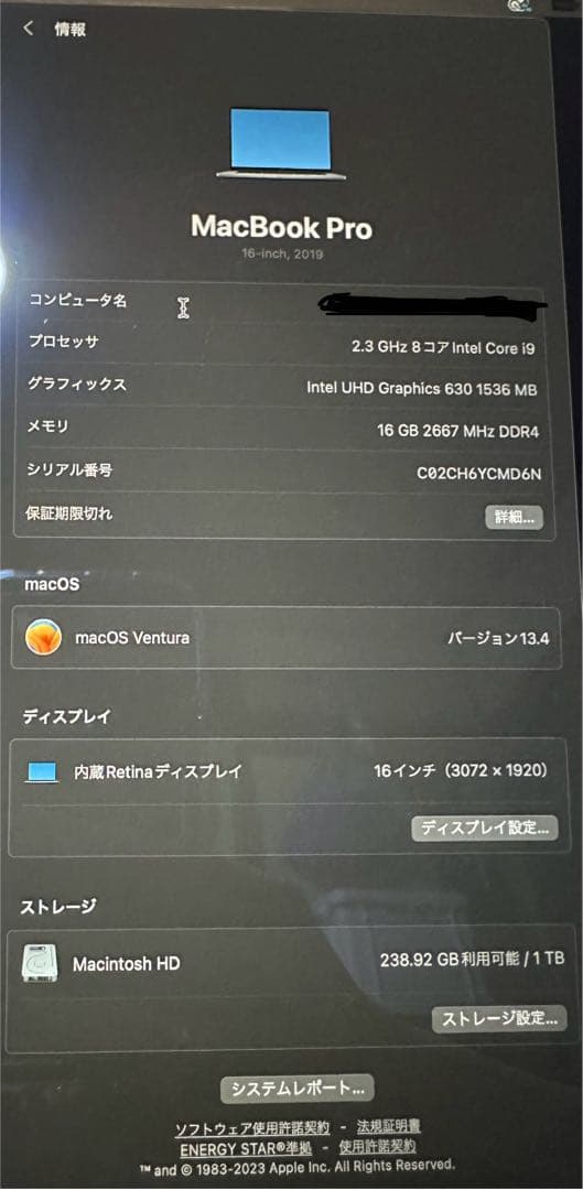【中古】MacBook Pro 2019 i9 64GB 1TB CTO