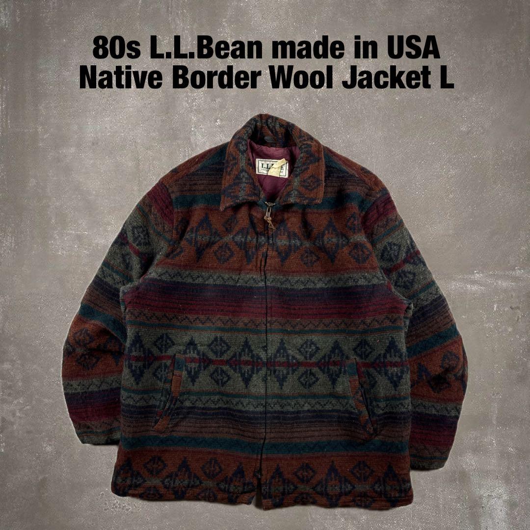 80s USA製 llbean ネイティブ柄 ボーダー ウールジャケット 総柄