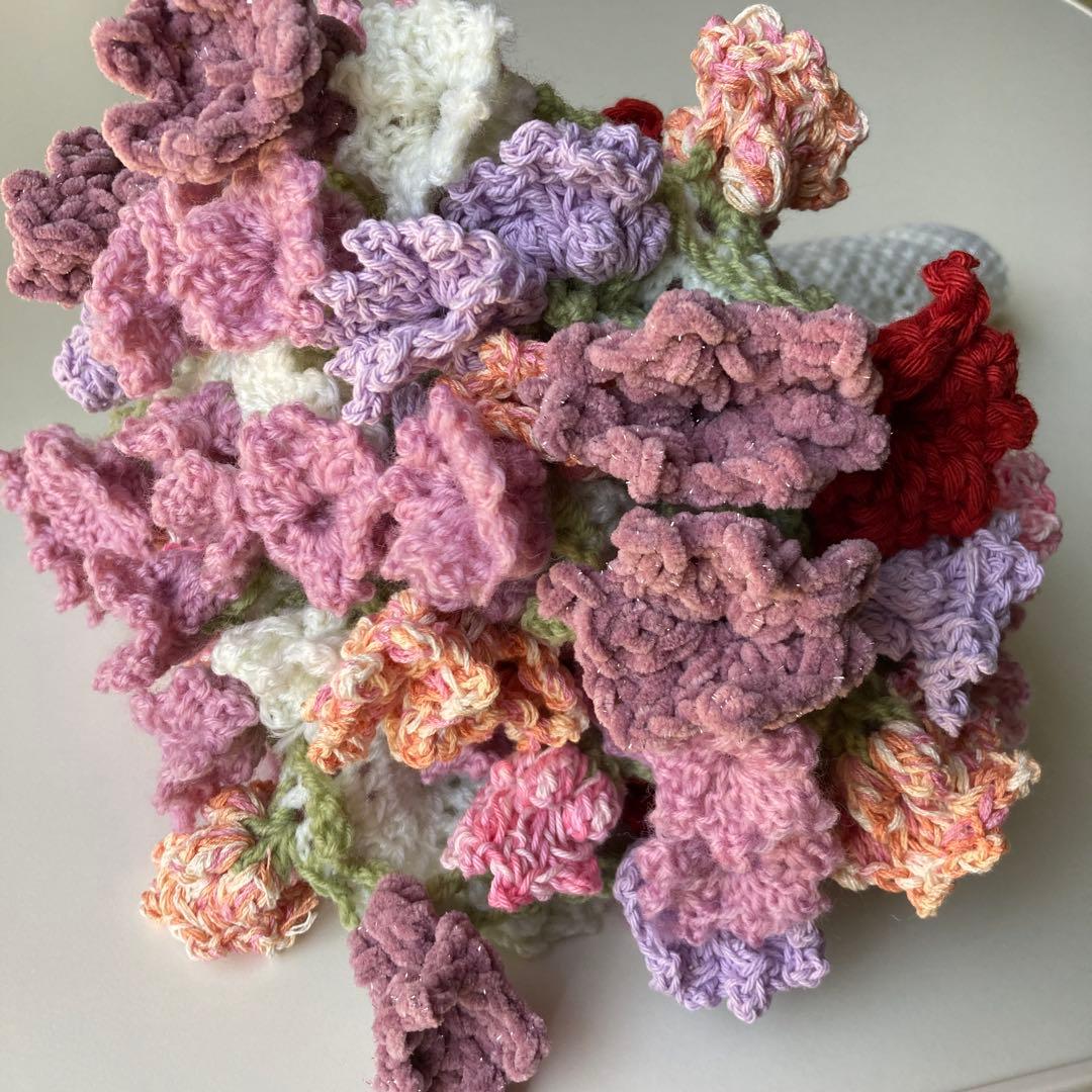 花束ブランケット　ブーケブランケット　ピンク　毛糸編み物　推し活　結婚式プレ花嫁