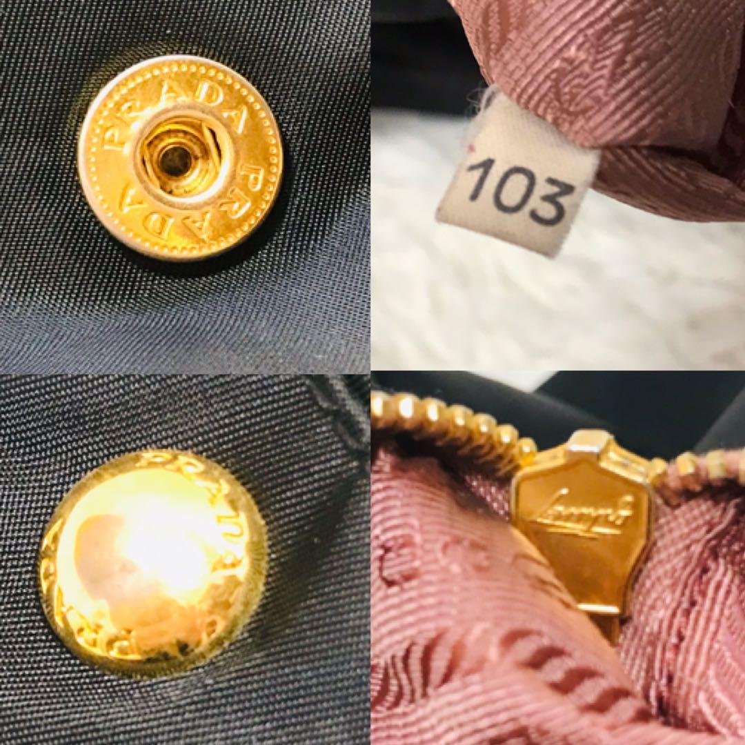 【美品】プラダ ハンドバッグ リボン ゴールドロゴ ナイロン 黒 ロゴプレート