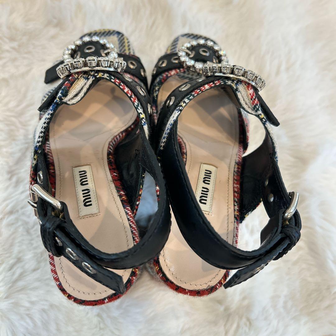 美品　miu miu ミュウミュウ 厚底 サンダル ビジュー チェック柄 36