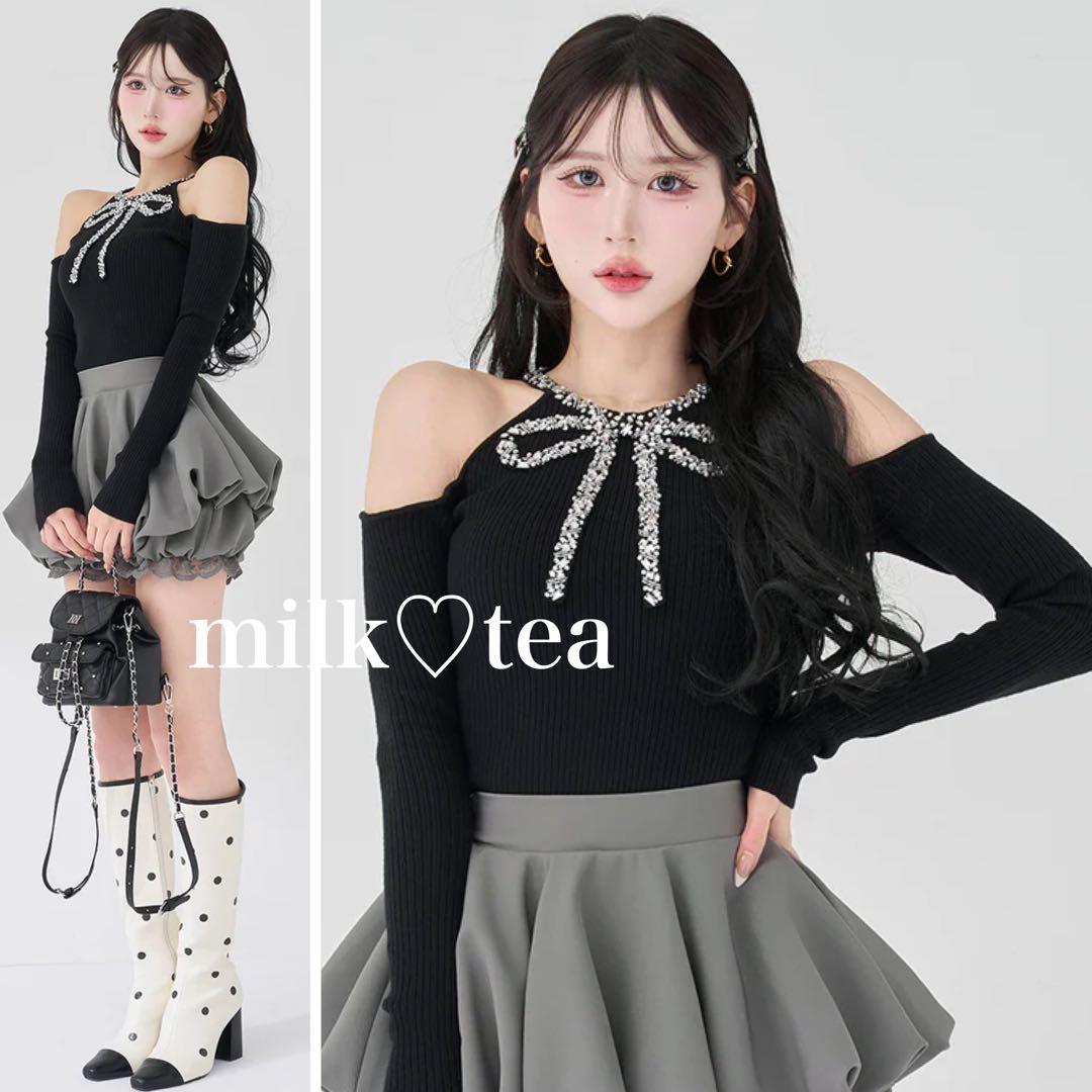 新品タグ付き ダーリッチ リボンビジューアメスリニットトップス ブラック フリー