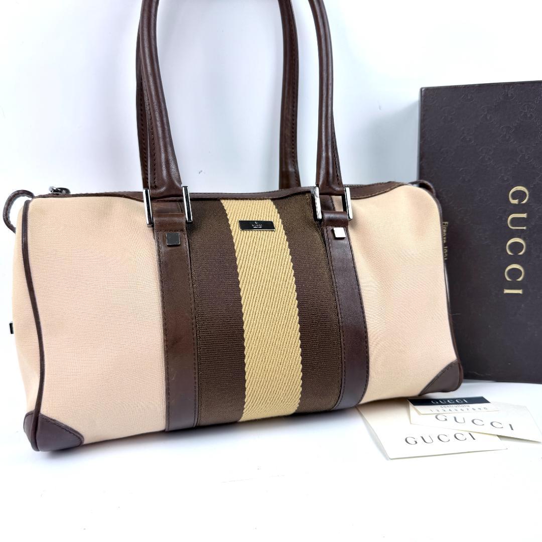 美品 GUCCI ミニボストン キャンバス レザー シェリーライン ロゴ金具
