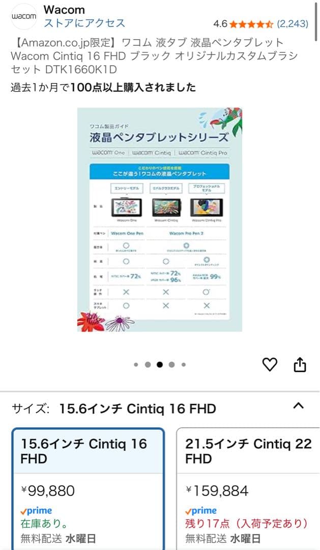新品未開封 ワコム 液タブ 液晶ペンタブレット　Cintiq 16 FHD