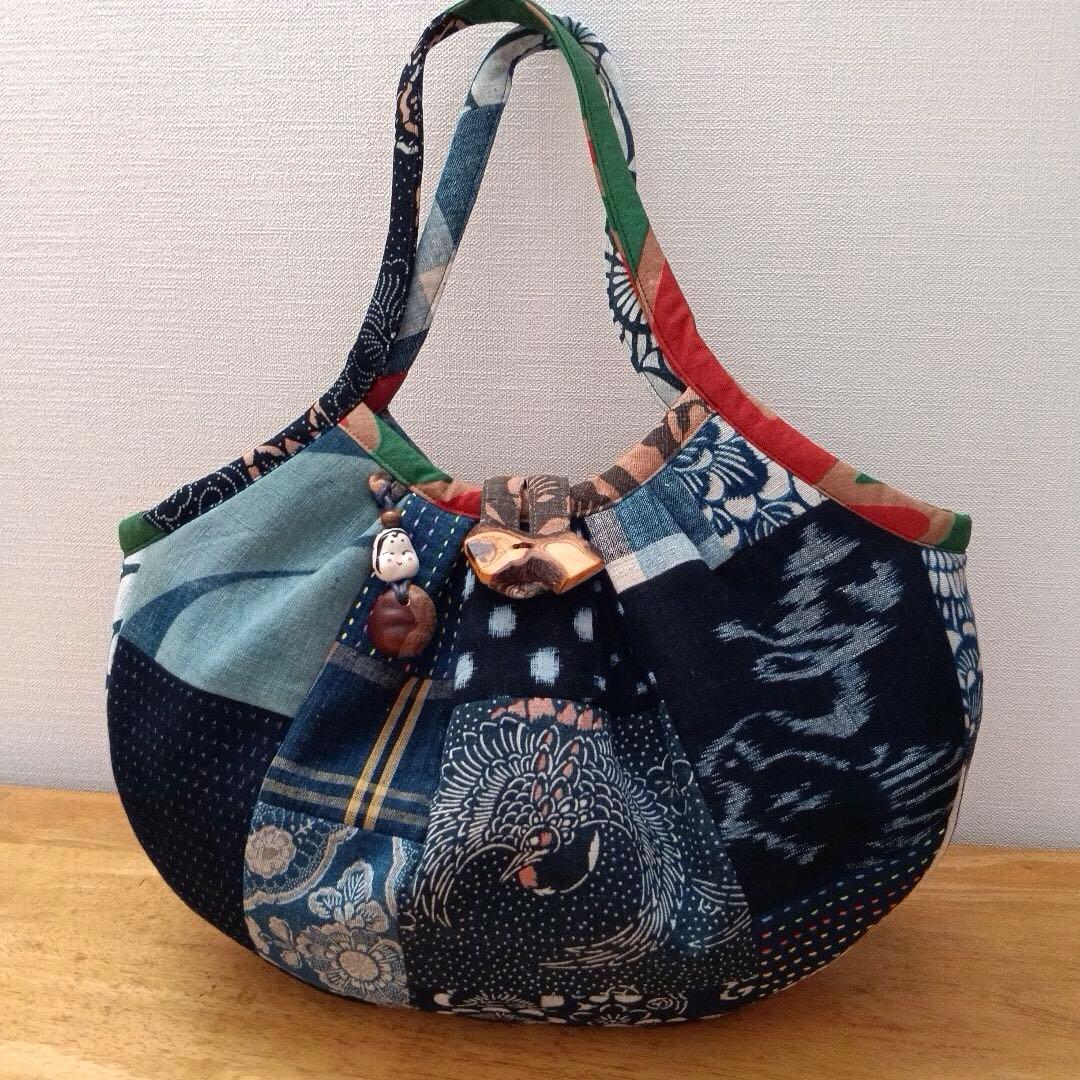古布鶴亀　グラニーバッグ　鶴亀寿　藍染型染　ハンドメイド　柿渋染め