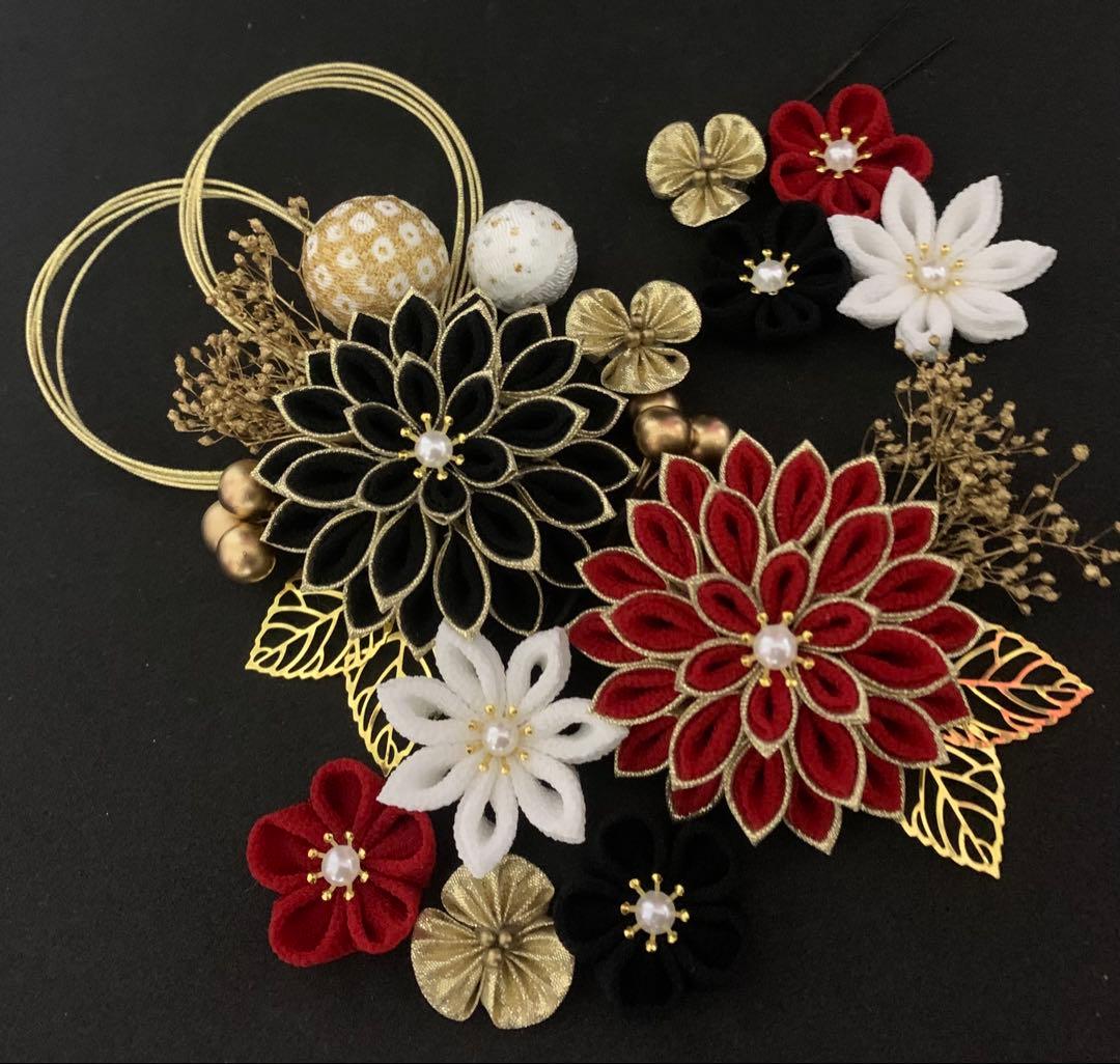 つまみ細工　髪飾り　黒　赤　ゴールドセット