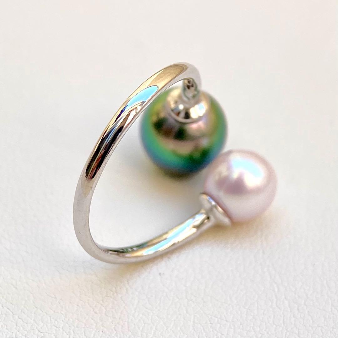 本真珠南洋黒蝶真珠とあこや真珠　ピーコック&ピンク無調ダブルリングY1047