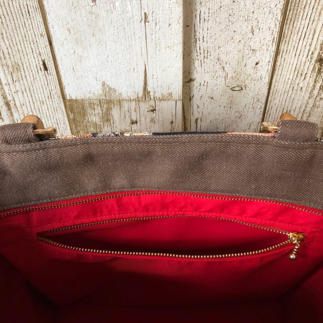 トートバッグ　ハンドメイド　デニムリメイク　ブラウン×レッド　バンブー【新品】