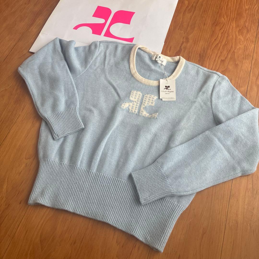 courrèges 水色 ロゴ刺繍 長袖ニットセーター 9A
