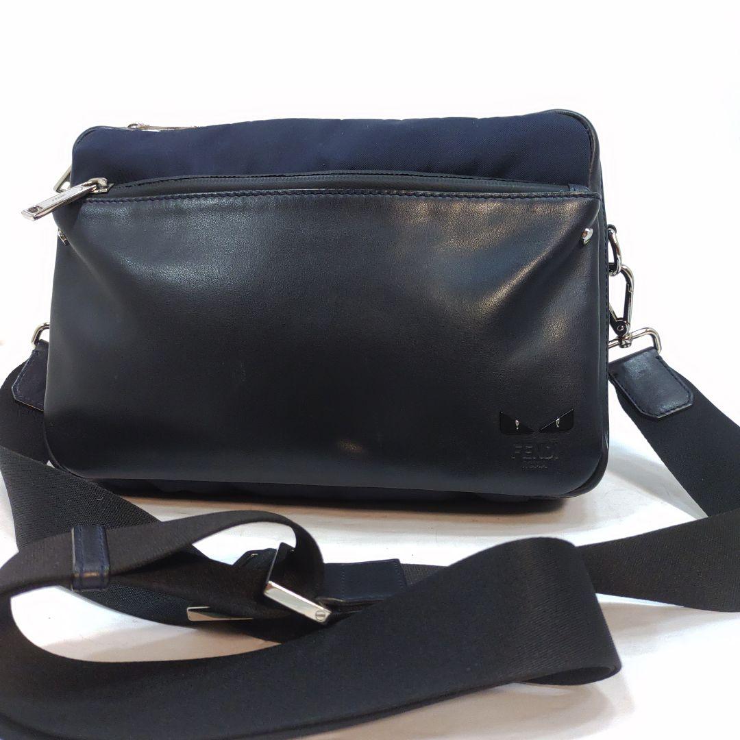 フェンディ モンスター カメラバッグ ショルダーバッグ レザー×ナイロン 紺×黒