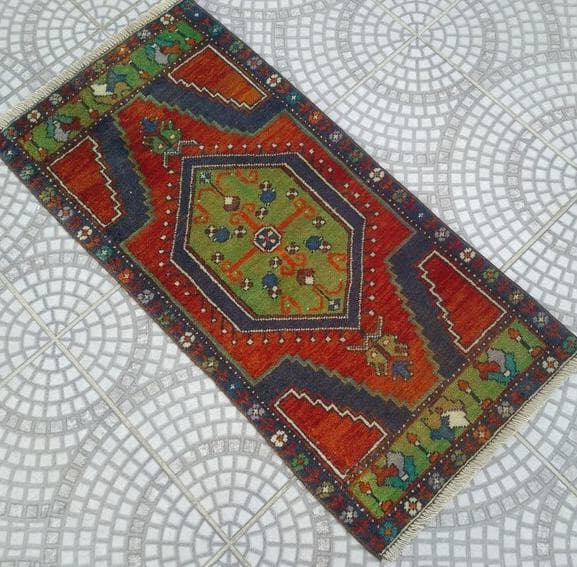 トルコ ヴィンテージラグ 984 スモール オレンジ ブラウン ネイビー ブルー