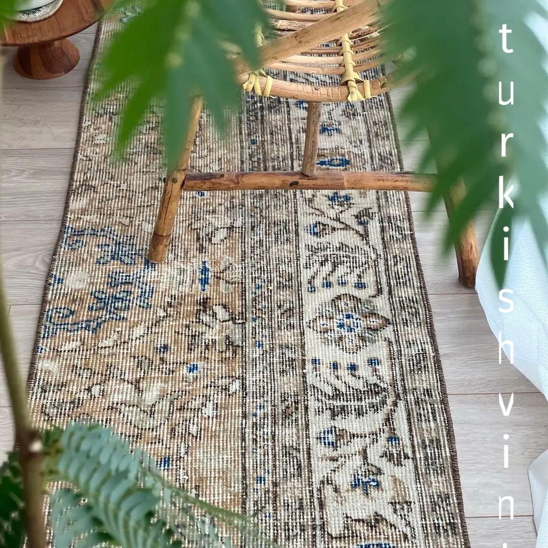 48×211ランナー　淡ブラウン　ブルー　ラインホワイト　トルコヴィンテージラグ