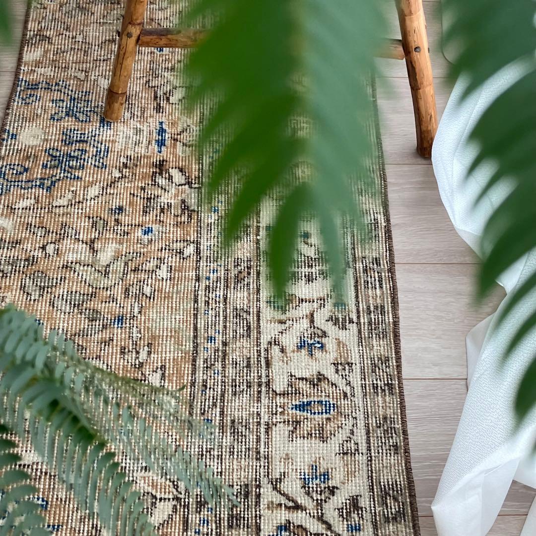 48×211ランナー　淡ブラウン　ブルー　ラインホワイト　トルコヴィンテージラグ