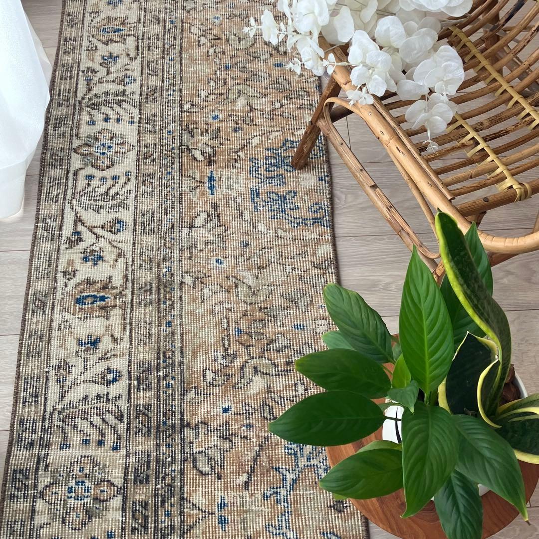 48×211ランナー　淡ブラウン　ブルー　ラインホワイト　トルコヴィンテージラグ