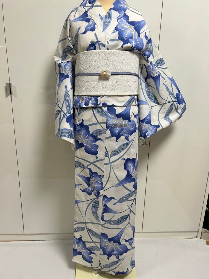 浴衣 ゆかた帯のセット販売白地にブルー 百合 ゆり 花柄 Lサイズ