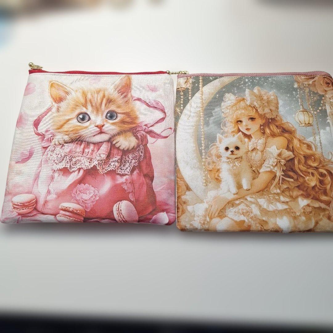 ねこパネル生地　ハンドメイド　フラットポーチ