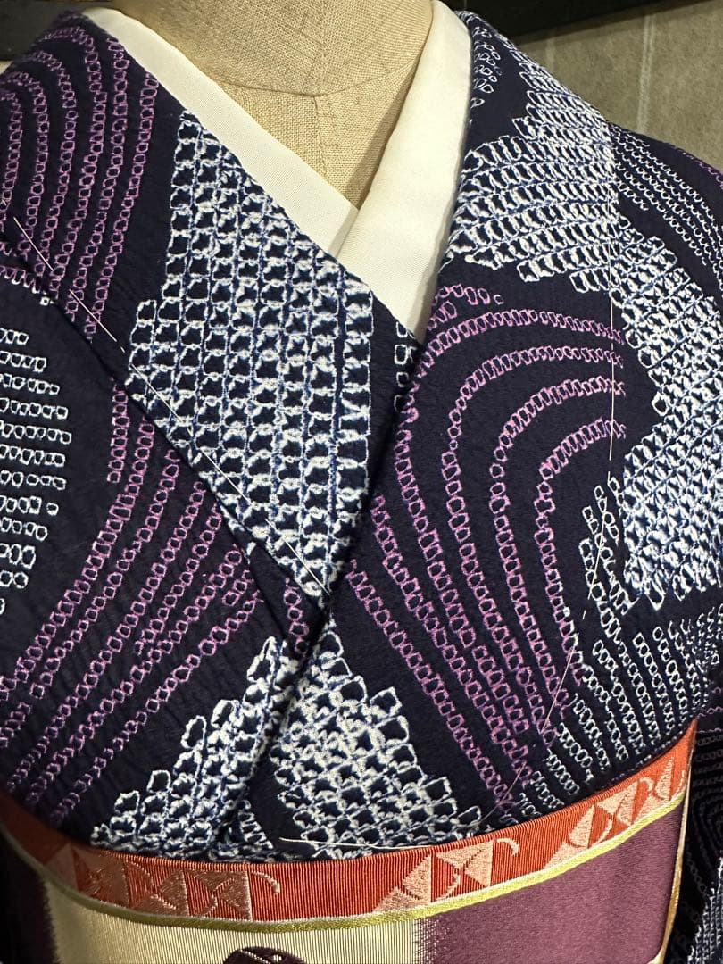 2点セット　新品美品✨身丈165裄丈67 有松鳴海絞り浴衣 藍染に紫　波紋様