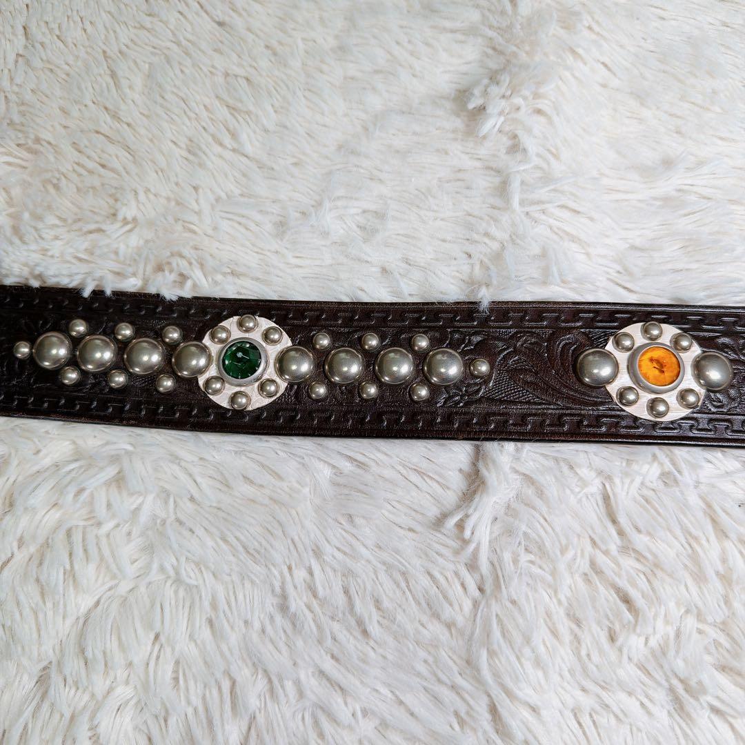 【希少デザイン】カウレザー　本革　スタッズ　ビジュー　ウエスタンベルト　メンズ