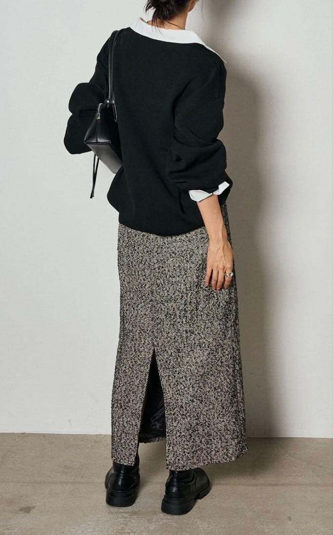 （ESICA/エシカ）襟付きポロトップス+ラインツイードワイドスカート　2set