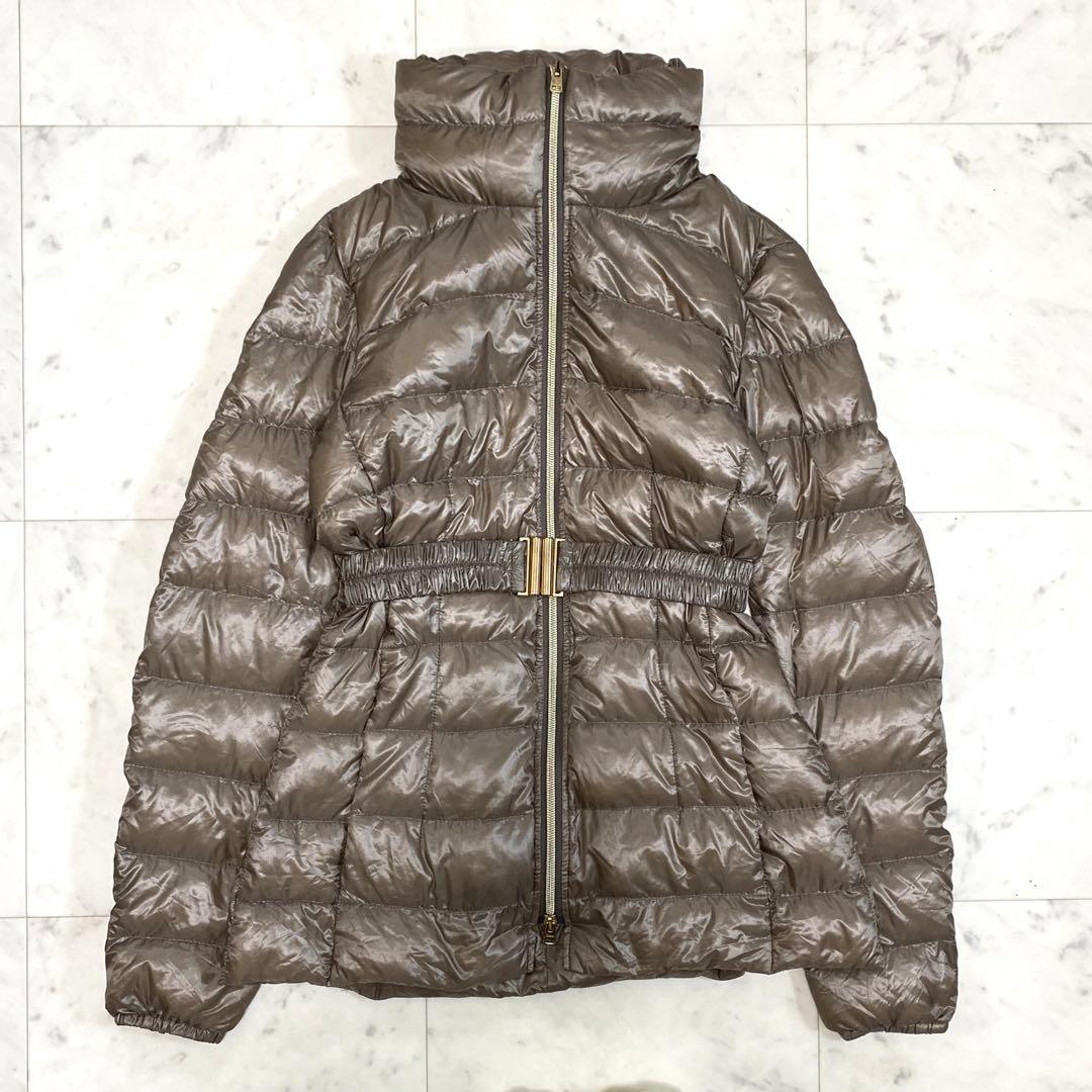 美品 ヘルノ ベルト付きスタンドカラー ダウンコート グレージュ 40
