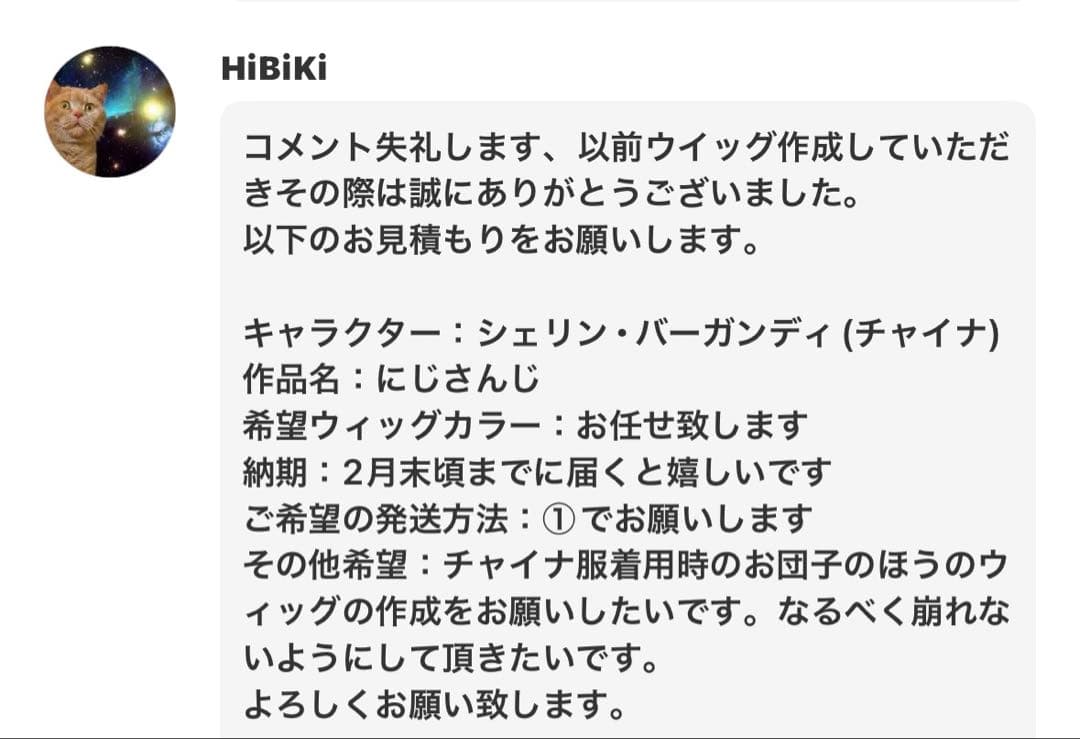 HIBIKI様 ウィッグオーダー②制作費ページ