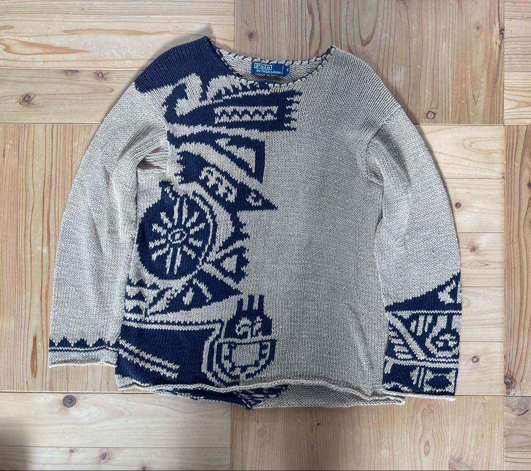 Ralph Lauren ラルフ M ハンドニット リネン 総柄 ネイティブ
