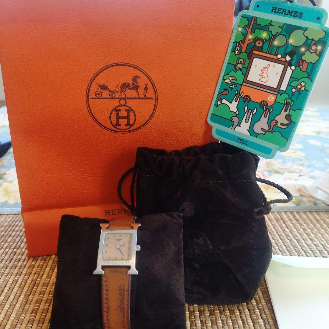 【HERMES】Hウォッチオレンジレザー スクエア時計