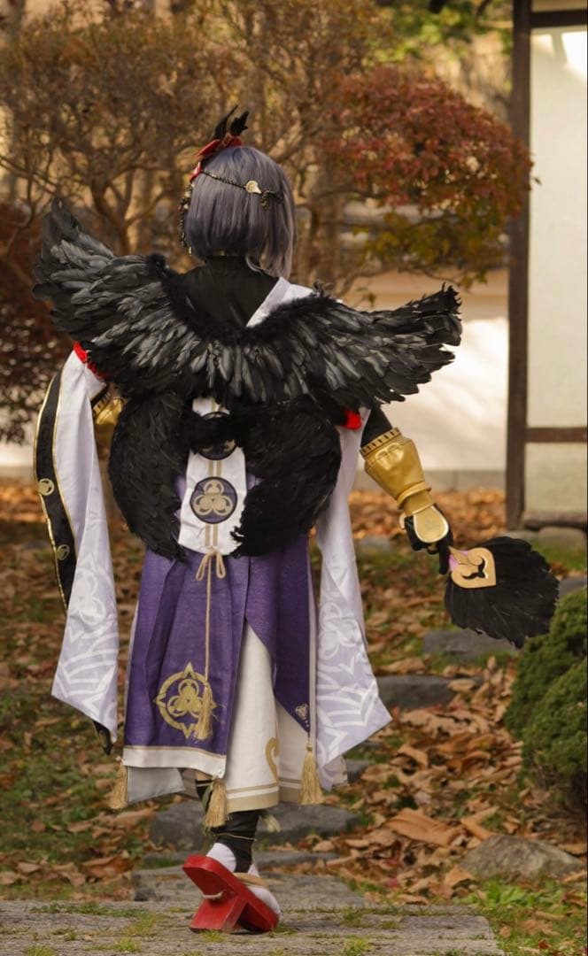 ナ*要様 九条裟羅　コスプレ衣装+ウィッグ×2+羽扇子+一本下駄+鴉天狗の翼　フ