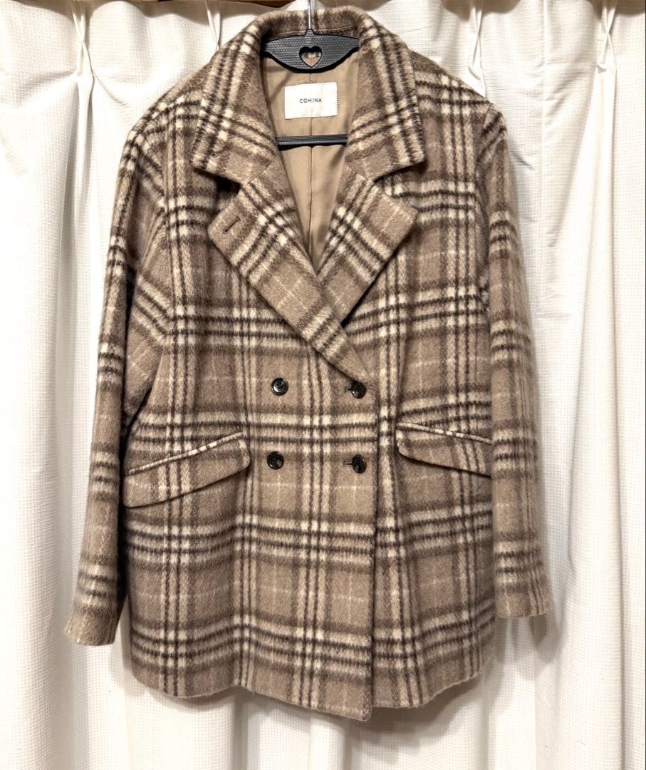 【美品】COHINA ウールシャギーチェックダブルコート