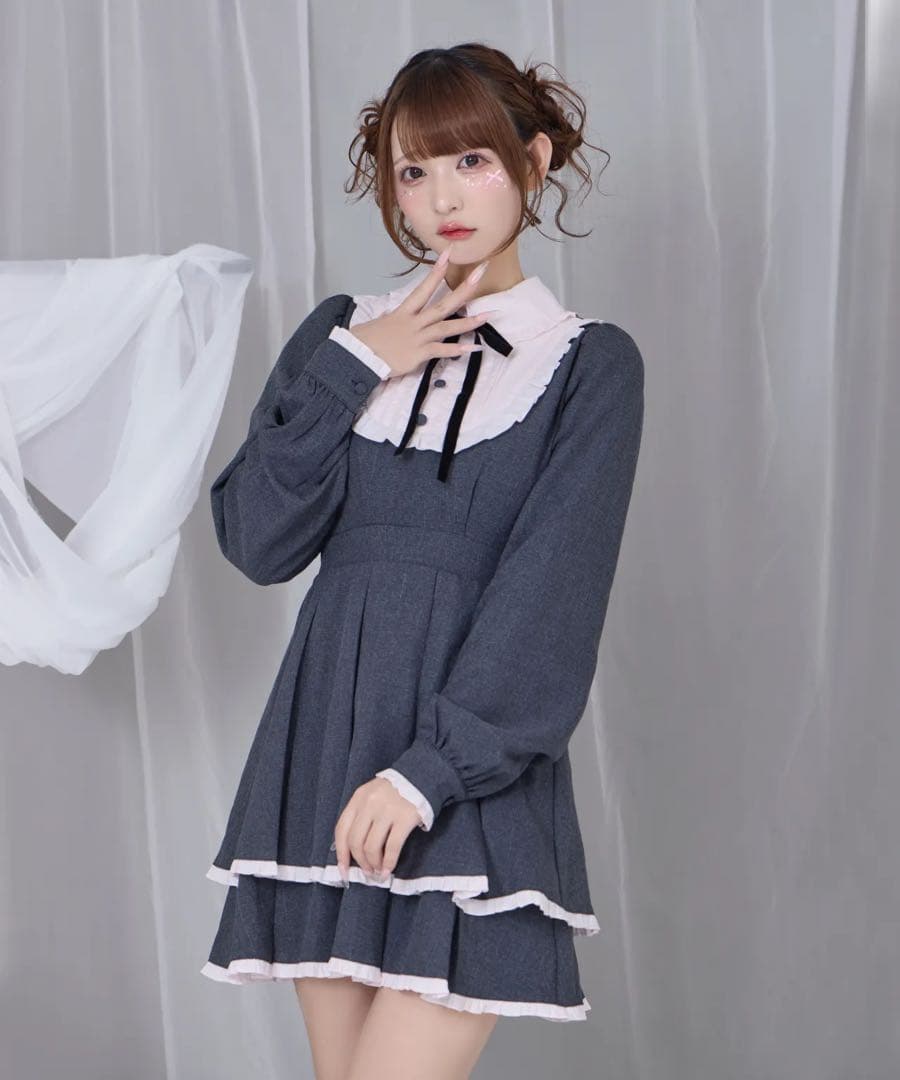 honey Cinnamon ベロアリボン配色ヨークワンピース ブラック