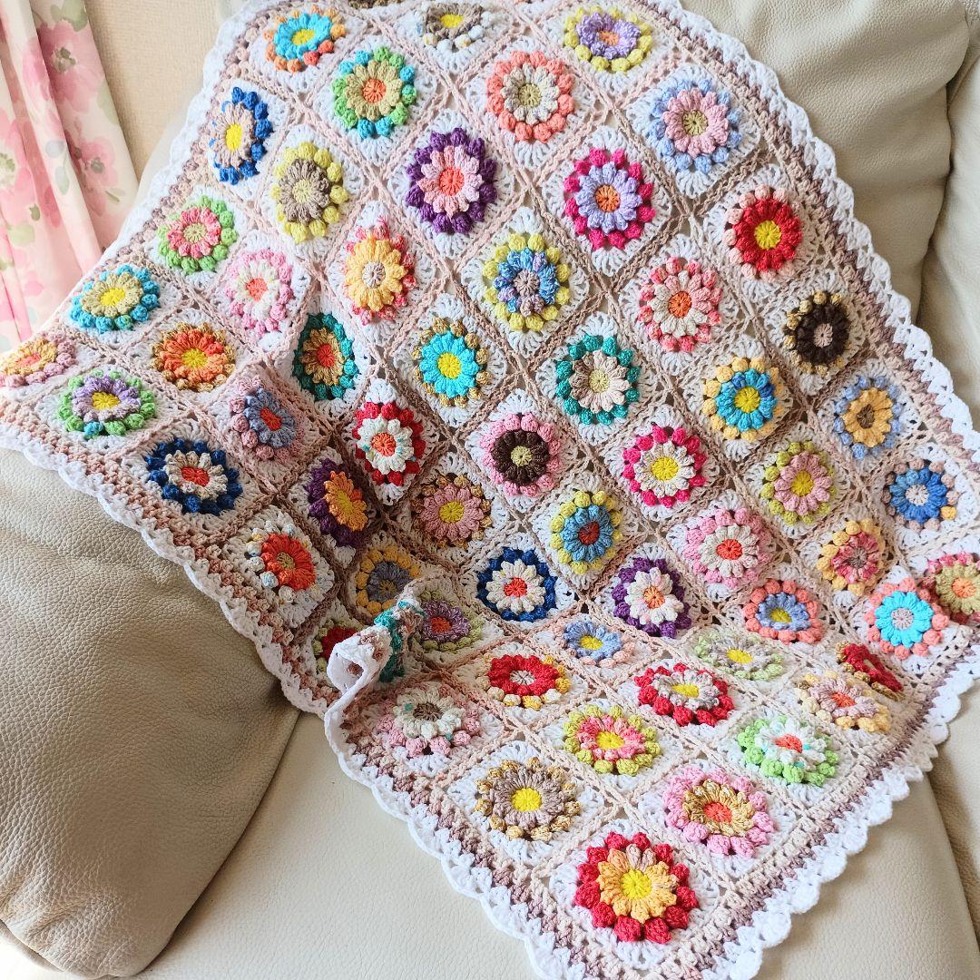 お花の手編みブランケット★カラフル★かぎ針編み★お花モチーフ★コットン