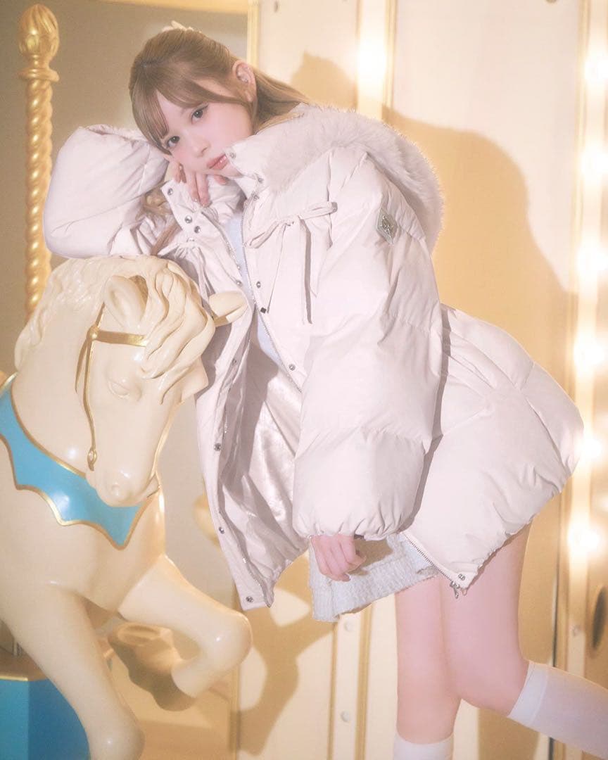 ミシェルマカロン ファーフードリボンダウンコート　ピンク　フリーサイズ