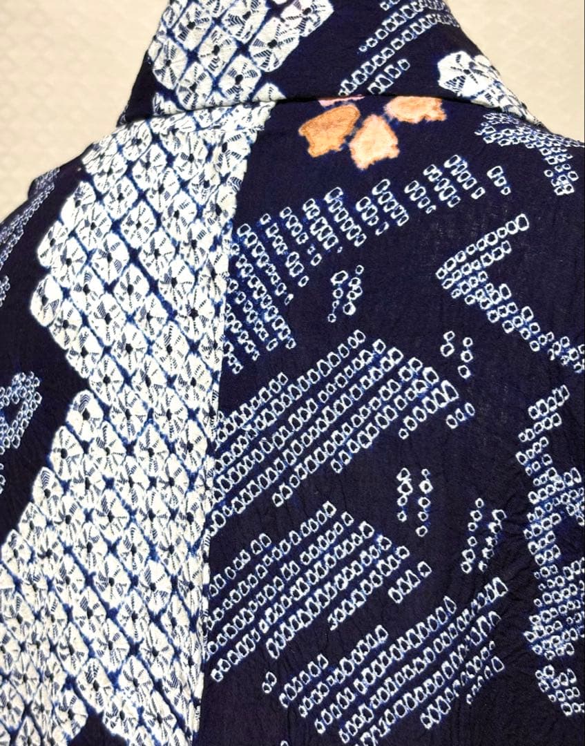専用未使用品　和服　綿100% いろは歌模様　有松絞り　浴衣(袖仕付け糸)