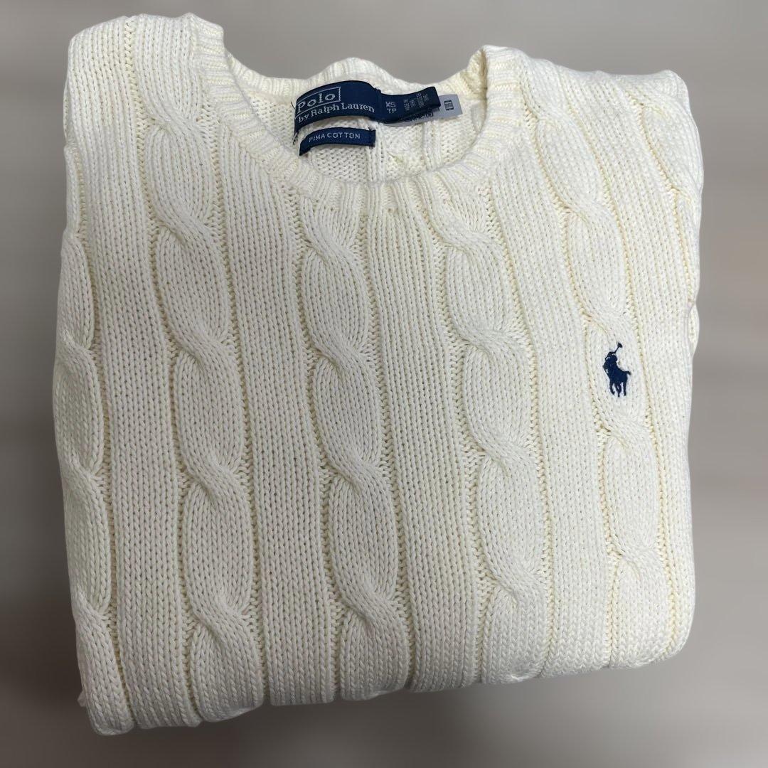 ラルフローレン ケーブル編みニット　コットン　クルーネック XS アイボリー